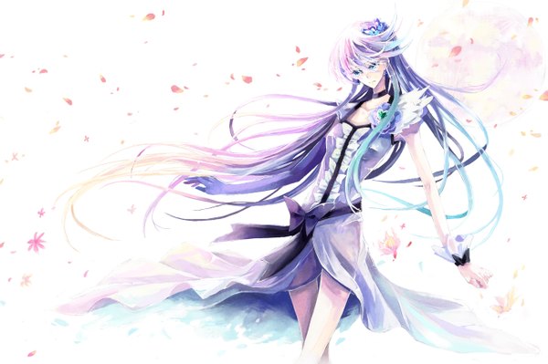 Anime picture 1313x874 with heartcatch precure! tsukikage yuri cure moonlight nako (nonrain) long hair blue eyes purple hair girl dress petals