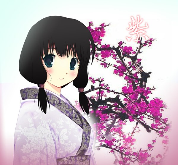 Anime picture 1148x1069 with original rock.fc (artist) single blush short hair black hair green eyes japanese clothes girl kimono