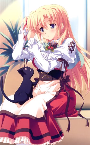 Anime picture 3793x6065 with sakura strasse marie rudel kusukusu long hair tall image blush highres open mouth blue eyes blonde hair sitting absurdres long sleeves scan puffy sleeves alternate hairstyle hair down hairdressing girl dress