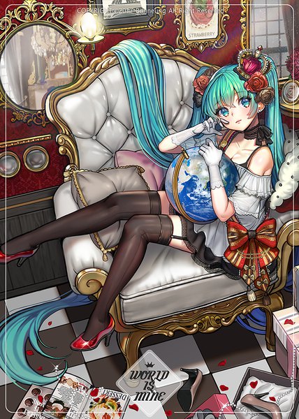 Anime picture 700x982 with vocaloid world is mine (vocaloid) hatsune miku honnou (kjs9504) single tall image looking at viewer sitting twintails indoors very long hair head tilt hair flower aqua eyes aqua hair sparkle high heels copyright name watermark adjusting hair