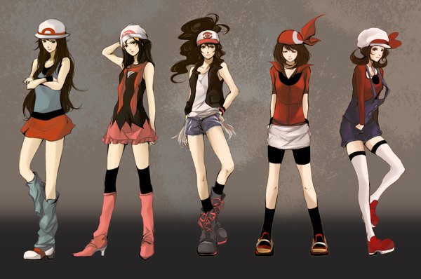 Anime picture 2257x1500 with pokemon pokemon black and white pokemon heartgold and soulsilver pokemon rse nintendo hilda (pokemon) dawn (pokemon) may (pokemon) lyra (pokemon) blue (pokemon) long hair highres smile brown hair multiple girls ponytail eyes closed grey background sleeveless hand on hip