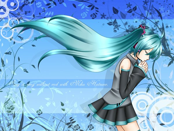 Anime picture 1024x768 with vocaloid hatsune miku bare shoulders eyes closed very long hair profile pleated skirt zettai ryouiki hands clasped girl flower (flowers) detached sleeves petals necktie