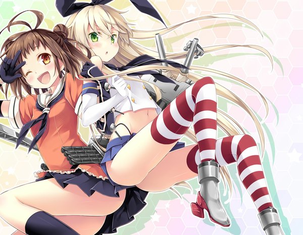 Anime picture 1000x775 with kantai collection shimakaze destroyer rensouhou-chan naka light cruiser naka (kantai collection) natsume eri long hair blush light erotic blonde hair brown hair multiple girls brown eyes green eyes one eye closed wink girl thighhighs gloves bow