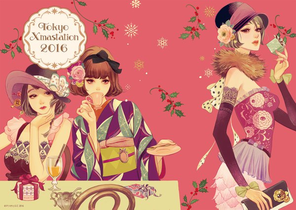 Anime picture 2516x1789 with original matsuo hiromi long hair highres short hair brown hair standing sitting bare shoulders multiple girls holding brown eyes looking away upper body braid (braids) nail polish traditional clothes parted lips japanese clothes hair flower