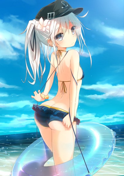 Anime picture 1059x1500 with kantai collection hibiki destroyer sune (mugendai) single long hair tall image looking at viewer blush blue eyes light erotic silver hair ass ponytail looking back hair flower striped alternate hairstyle butt crack girl hair ornament