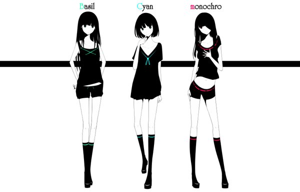 Anime picture 1750x1125 with original haru@ long hair looking at viewer highres short hair black hair simple background standing white background multiple girls light smile black eyes inscription hand on hip hand on chest monochrome hand on face girl belt