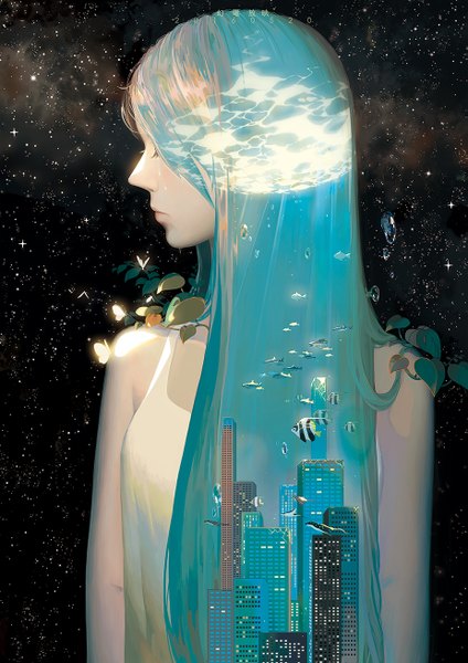 Anime picture 925x1308 with original sarnath single long hair tall image sky upper body eyes closed very long hair profile lips aqua hair sleeveless tears city dated cityscape crying glow space