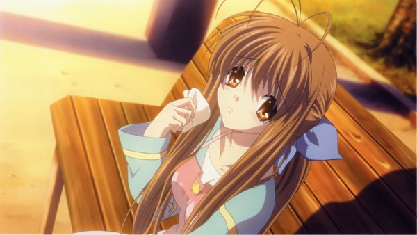 Anime picture 2913x1641 with clannad key (studio) furukawa sanae long hair highres brown hair wide image sitting brown eyes ahoge ponytail scan tears apron bench