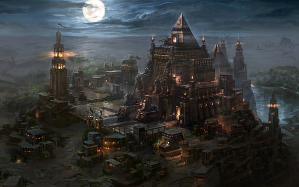 Anime picture 1920x1200 with highres wide image cloud (clouds) night city landscape moon pyramid