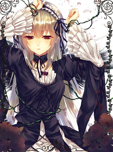 Anime picture 650x875 with rozen maiden suigintou saijou haruki single long hair tall image blush fringe breasts blonde hair red eyes looking away long sleeves wide sleeves arms up lolita fashion bound hands girl dress flower (flowers)