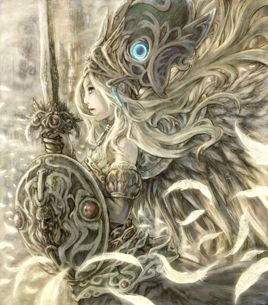 Anime picture 3073x3500 with lord of vermilion valkyrie (lord of vermilion) single long hair tall image highres blue eyes blonde hair bare shoulders looking away absurdres valkyrie girl gloves sword wings armor feather (feathers) shield
