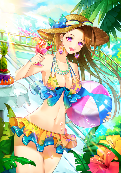 Anime picture 1000x1429 with original ggomddak single long hair tall image breasts open mouth light erotic brown hair large breasts holding pink eyes sunlight sunglasses on head sunbeam girl flower (flowers) swimsuit hat earrings