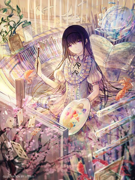 Anime picture 1200x1600 with mahou shoujo madoka magica shaft (studio) akemi homura bai qi-qsr single long hair tall image looking at viewer blush fringe black hair hair between eyes purple eyes signed from above puffy sleeves cherry blossoms revision girl dress