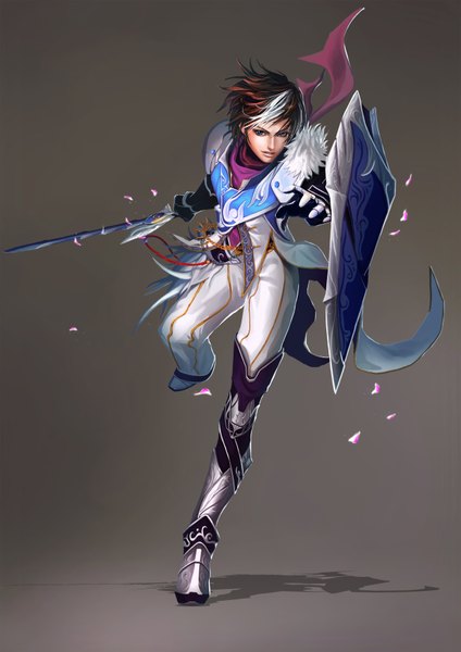 Anime picture 2480x3508 with joinjump single tall image highres short hair blue eyes simple background brown hair white hair multicolored hair two-tone hair shadow boy weapon petals sword armor shield