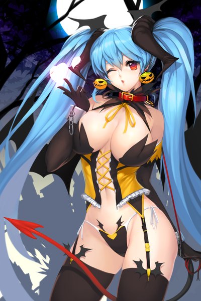 Anime picture 2000x3000 with sword girls snowball22 single tall image highres breasts light erotic red eyes large breasts twintails blue hair tail very long hair one eye closed horn (horns) wink head wings blown kiss girl thighhighs