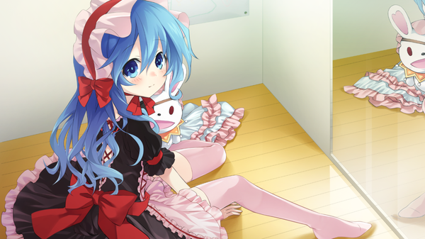 Anime picture 1280x720 with date a live yoshino (date a live) yoshinon long hair blush blue eyes wide image blue hair game cg loli girl thighhighs dress bow white thighhighs frills headdress toy stuffed animal hand puppet