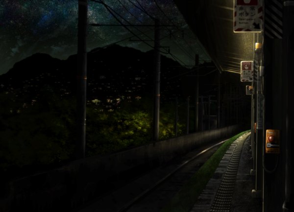 Anime picture 3150x2278 with original tokuninashi (uorat) highres absurdres outdoors night night sky city horizon cityscape mountain no people city lights constellation plant (plants) tree (trees) star (stars) wire (wires) power lines pole
