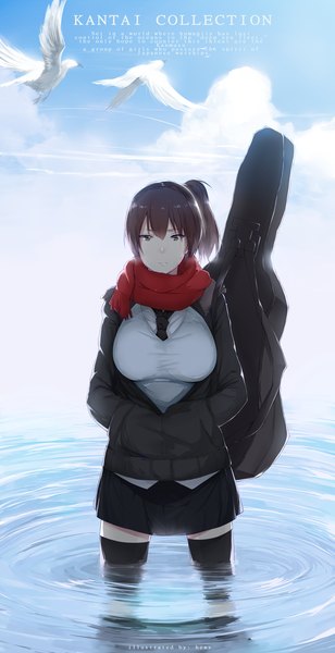 Anime picture 900x1750 with kantai collection kaga aircraft carrier hews single tall image short hair black hair brown eyes signed sky cloud (clouds) copyright name text side ponytail english girl thighhighs skirt black thighhighs animal