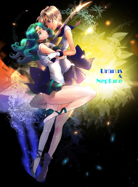 Anime picture 1113x1500 with bishoujo senshi sailor moon toei animation kaiou michiru tenou haruka sailor neptune sailor uranus nal (artist) long hair tall image short hair blue eyes light erotic multiple girls green eyes green hair legs dark hair girl dress gloves