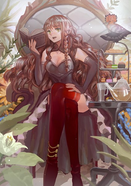 Anime picture 707x1000 with canking single long hair tall image open mouth brown hair sitting holding green eyes cleavage pointy ears crossed legs wavy hair girl thighhighs flower (flowers) plant (plants) animal sweets bird (birds)
