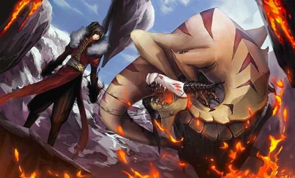 Anime picture 1024x621 with unodu long hair open mouth black hair wide image sky horn (horns) teeth fang (fangs) rock boy fur fire skull dragon stone (stones) winter clothes