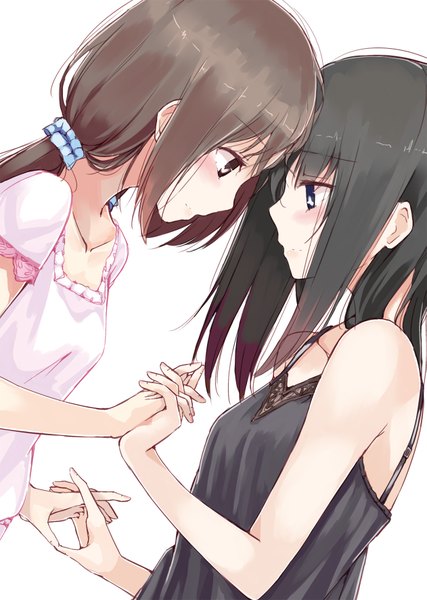 Anime picture 1261x1770 with original asterism long hair tall image blush fringe blue eyes black hair brown hair white background twintails multiple girls brown eyes profile embarrassed low twintails holding hands face to face girl 2 girls
