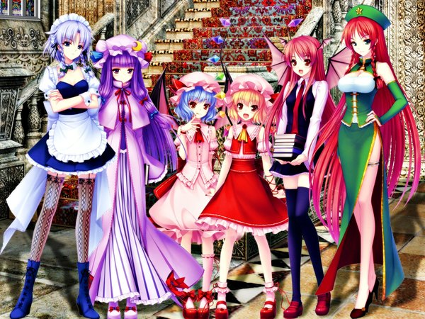 Anime picture 2000x1500 with touhou flandre scarlet remilia scarlet izayoi sakuya patchouli knowledge hong meiling koakuma sayori long hair blush highres short hair breasts open mouth blue eyes blonde hair smile red eyes large breasts purple eyes