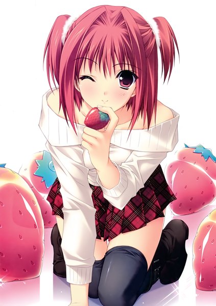 Anime picture 2113x3000 with r.g.b! shiki asahi suzuhira hiro tall image blush highres short hair red eyes twintails red hair one eye closed wink scan short twintails girl thighhighs skirt black thighhighs miniskirt food