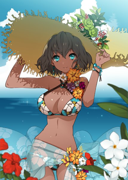 Anime picture 572x800 with original mami (apsaras) single tall image fringe short hair breasts blue eyes light erotic smile brown hair large breasts standing bare shoulders sky cloud (clouds) sunlight bare belly bare legs dark skin