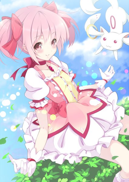 Anime picture 2149x3035 with mahou shoujo madoka magica shaft (studio) kaname madoka kyuubee kisaichi jin single tall image looking at viewer blush highres short hair twintails pink hair pink eyes short twintails girl dress bow hair bow