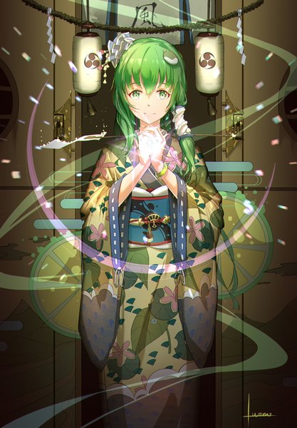 Anime picture 2500x3598 with touhou kochiya sanae luomo single long hair tall image looking at viewer highres smile green eyes signed traditional clothes japanese clothes green hair floral print glowing girl bracelet kimono obi