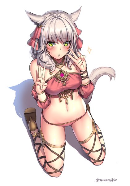 Anime picture 2802x4000 with final fantasy final fantasy xiv square enix miqo'te aruma jiki single long hair tall image looking at viewer blush highres breasts light erotic simple background white background bare shoulders green eyes signed animal ears silver hair