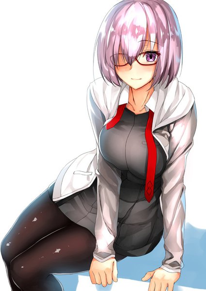 Anime picture 752x1062 with fate (series) fate/grand order mash kyrielight body mahattaya ginga single tall image looking at viewer blush fringe short hair breasts simple background hair between eyes white background sitting purple eyes purple hair bent knee (knees) light smile arm support