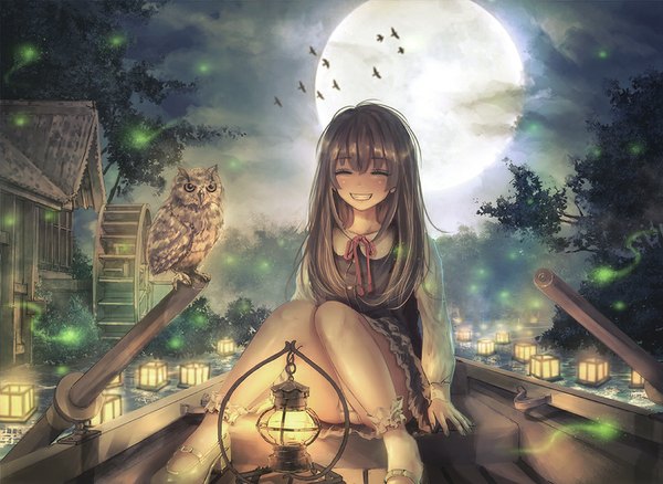 Anime picture 950x695 with original sho (shoichi-kokubun) long hair blush light erotic smile brown hair sitting eyes closed night pantyshot river girl dress underwear panties plant (plants) animal tree (trees) socks