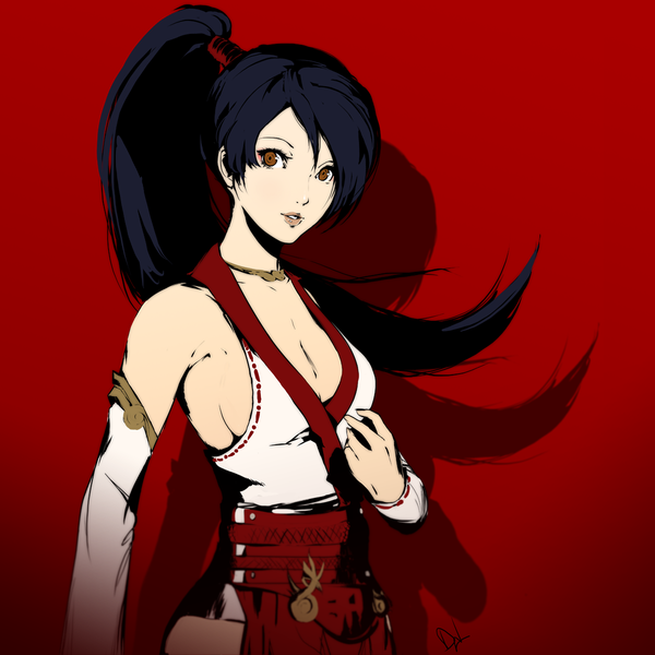 Anime picture 1200x1200 with ninja gaiden momiji (ninja gaiden) dh (brink of memories) single long hair light erotic black hair simple background brown eyes signed looking away cleavage ponytail traditional clothes parted lips japanese clothes lips shadow sideboob hand on chest