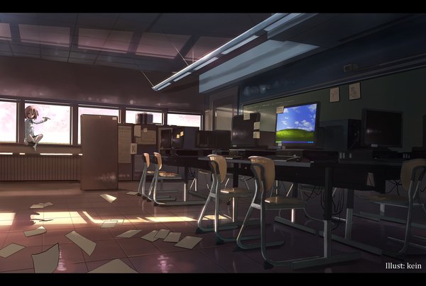 Anime picture 1920x1294 with original windows (operating system) windows xp kein-tan single looking at viewer highres short hair brown hair sitting brown eyes no shoes letterboxed scenic classroom girl skirt miniskirt shirt socks