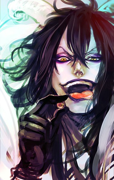 Anime picture 658x1041 with one piece toei animation caesar clown tsuyomaru single long hair tall image looking at viewer open mouth black hair yellow eyes horn (horns) boy gloves black gloves food sweets tongue candy