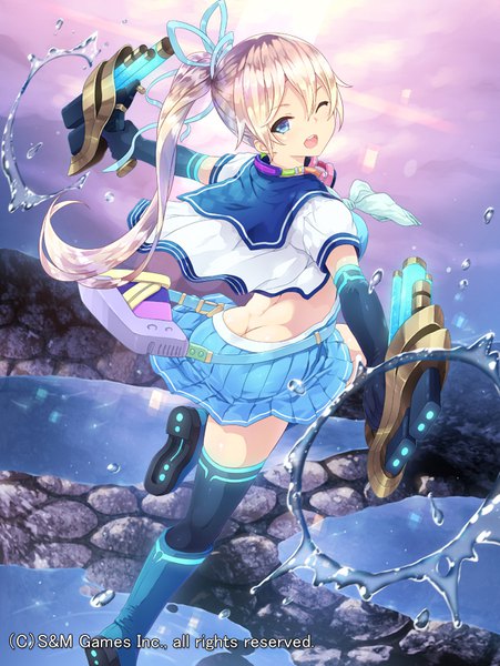 Anime picture 606x806 with gyakushuu no fantasica original cait single long hair tall image looking at viewer fringe open mouth blue eyes light erotic blonde hair hair between eyes standing bent knee (knees) ponytail pleated skirt one eye closed wink from behind