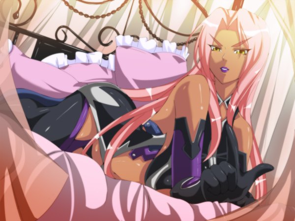 Anime picture 1200x900 with taimanin asagi the dark knight ingrid taimanin (series) ingrid (taimanin asagi) r-wade single long hair yellow eyes pink hair lips dark skin girl gloves elbow gloves bed