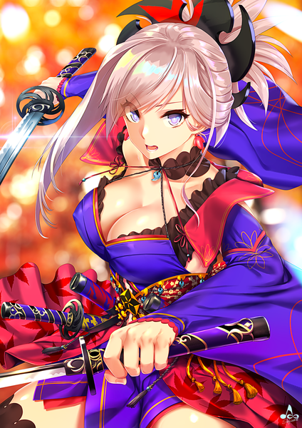 Anime picture 1200x1697 with fate (series) fate/grand order miyamoto musashi (fate) infinote single long hair tall image looking at viewer fringe breasts open mouth light erotic large breasts purple eyes holding cleavage silver hair ponytail traditional clothes japanese clothes