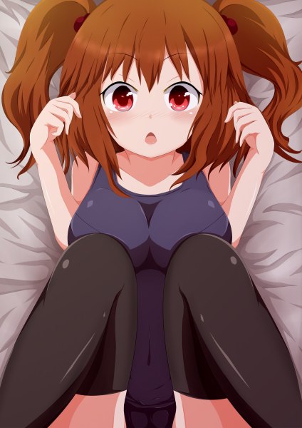 Anime picture 1696x2400 with touhou onozuka komachi masa masa single tall image looking at viewer blush short hair open mouth light erotic red eyes brown hair two side up girl thighhighs black thighhighs swimsuit