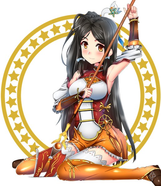 Anime picture 1500x1739 with elsword ara haan little xia (elsword) skyofgs single long hair tall image blush black hair brown eyes traditional clothes armpit (armpits) girl weapon thigh boots