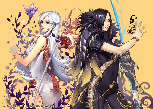 Anime picture 1145x823 with blade & soul jin seo yeon yukiusagi1983 long hair looking at viewer fringe black hair purple eyes multiple girls brown eyes yellow eyes white hair hair over one eye covered navel girl dress flower (flowers) weapon 2 girls earrings