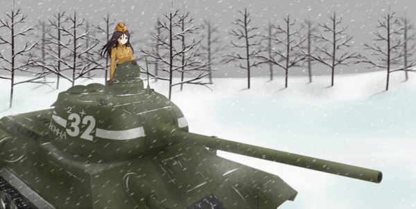 Anime picture 2480x1250 with girls und panzer pixiv nonna (girls und panzer) renji (seatollead) single long hair highres blue eyes black hair wide image looking away snowing winter snow bare tree girl gloves uniform weapon plant (plants)