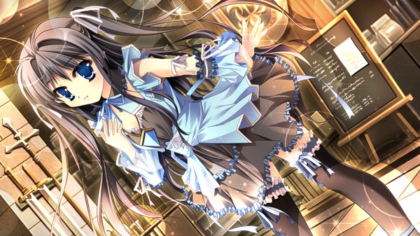 Anime picture 1024x576 with toki o kanaderu waltz thuya de long hair blue eyes black hair wide image game cg loli girl thighhighs dress black thighhighs