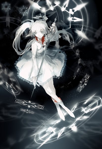 Anime picture 2031x2952 with rwby rooster teeth weiss schnee arklins single long hair tall image highres standing full body white hair long sleeves magic side ponytail white skin midair girl dress weapon boots