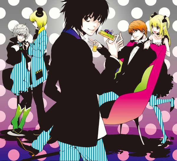 Anime picture 1134x1038 with death note madhouse yagami light l (death note) amane misa mello (mihael keehl) near black hair twintails white hair light smile black eyes short twintails group striped polka dot polka dot background girl boy hat