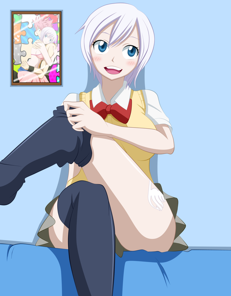 Anime picture 3641x4662 with fairy tail natsu dragneel lisanna strauss x-ray99 single tall image blush highres short hair open mouth blue eyes light erotic smile looking away absurdres white hair pleated skirt tattoo coloring undressing