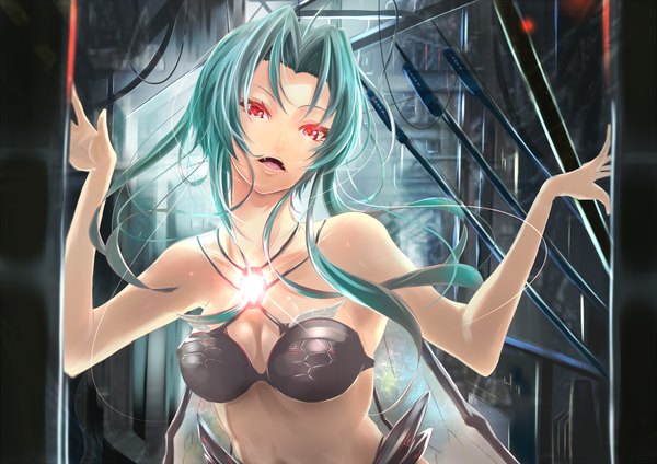 Anime picture 1400x990 with original endou (zettai bluenoid) single long hair looking at viewer breasts open mouth light erotic bare shoulders aqua hair teeth bare belly fang (fangs) glow girl wire (wires) crystal
