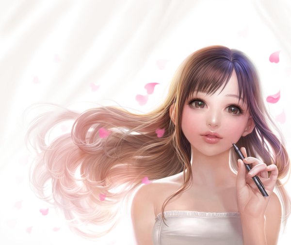 Anime picture 1500x1260 with akisyake single long hair fringe open mouth smile brown hair white background bare shoulders brown eyes wavy hair girl petals pen